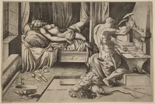 Venus Reclining with Vulcan at His Forge, by Enea Vico, ink, 1543