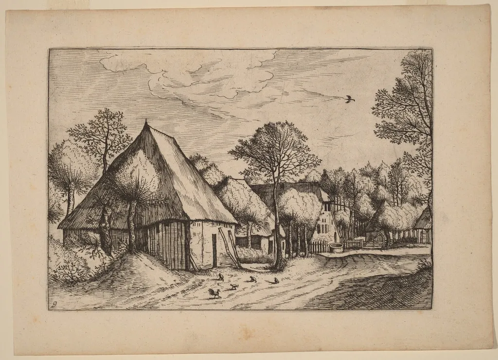 A Farmyard with a Draw Well, by Johannes van Doetechum the Elder, ink