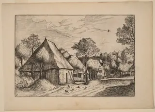 A Farmyard with a Draw Well, by Johannes van Doetechum the Elder, ink