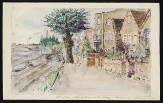 Zachary House, Zoffany House and the Moorings, Strand-on-the-Green, Chiswick, by Archibald Standish Hartrick, watercolor, 1940