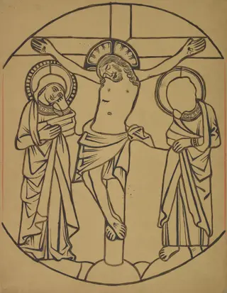 Crucifixion. Artistic reconstruction of a stained-glass panel from the Dominican church in Kraków, by Stanisław Wyspiański, ink, 1898