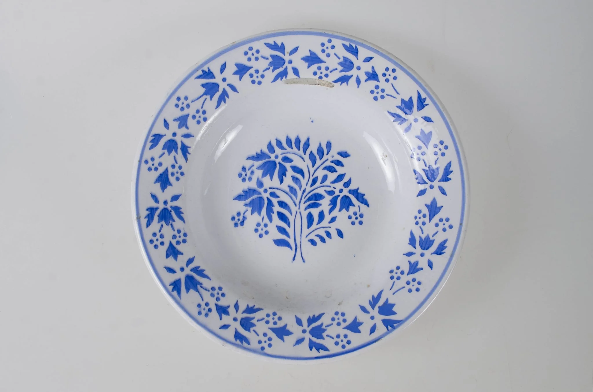 Farfuria are formă tronconică ușor adâncită. Pe buza vasului se identifică un registru decorativ floral, vegetal, continuu mărginit de o linie. Pe fund este o ștanță: o casă cu o pasăre pe acoperiș. Pe fundul vasului sunt două incizii în care este introdus șnurul folosit la agățarea vasului pe perete. Cromatică: fond: alb; motive: albastru., detail