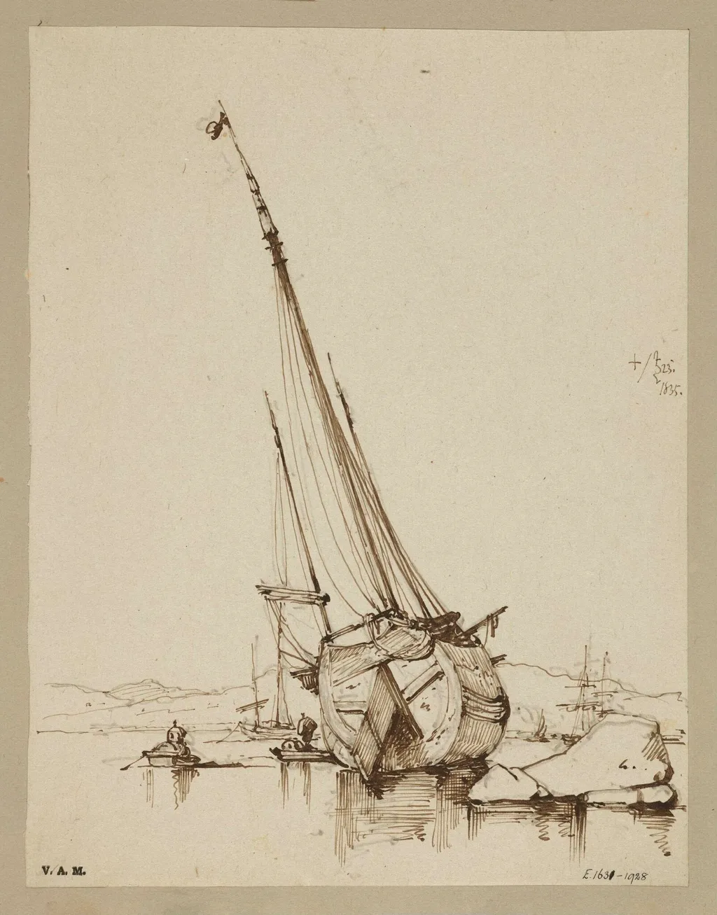 A junk grounded in shallow water, Macau, by George Chinnery, 16