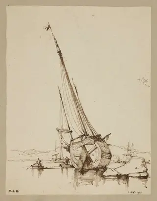 A junk grounded in shallow water, Macau, by George Chinnery, 16