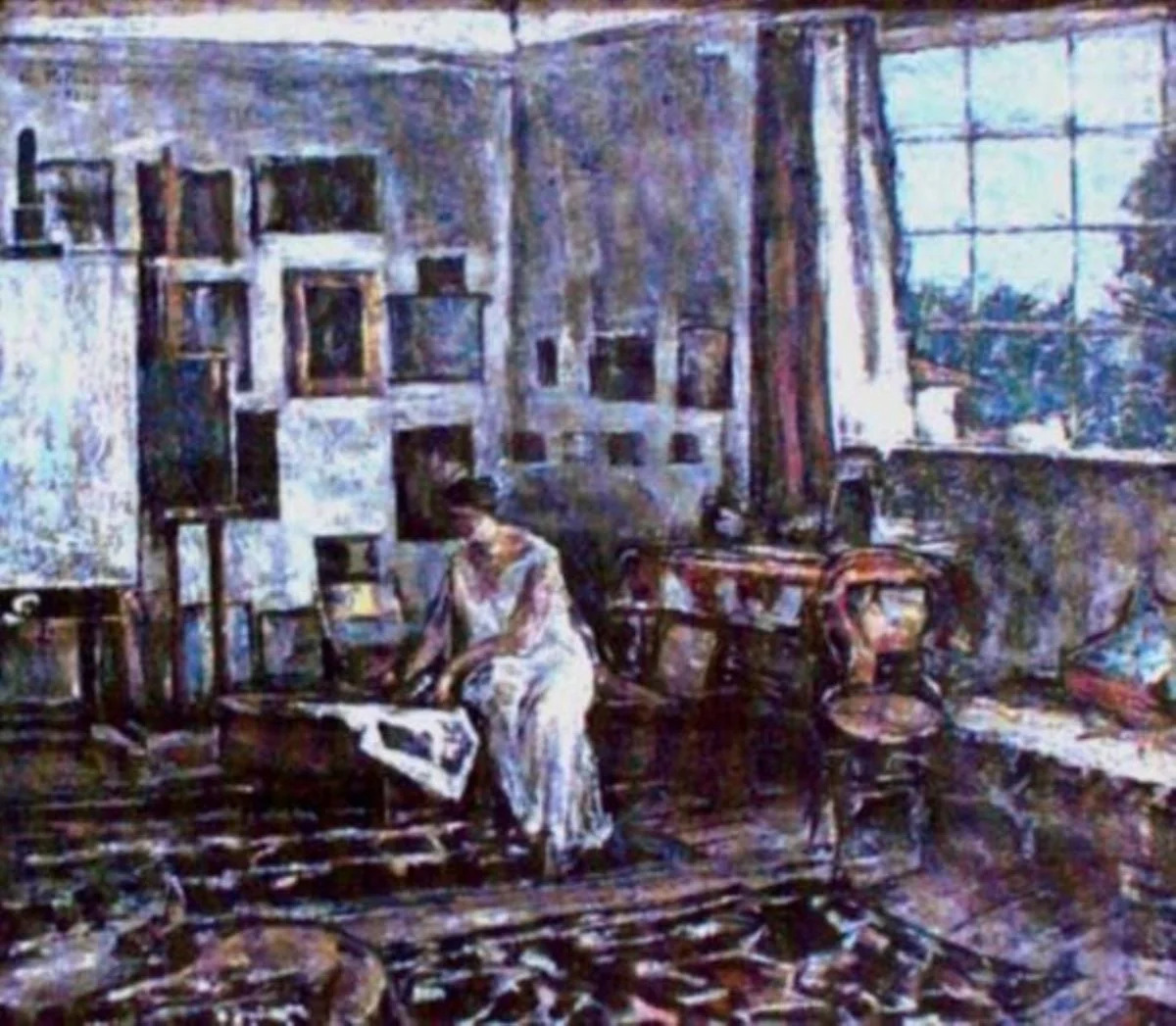 Interior de atelier cu femeie în alb, detail