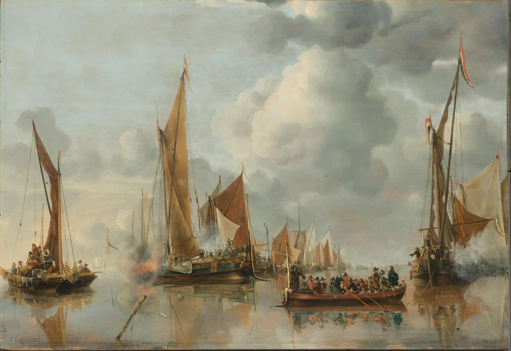 De begroeting van de regeringssloep door de binnenvloot, by Jan van de Cappelle, unspecified, 1650