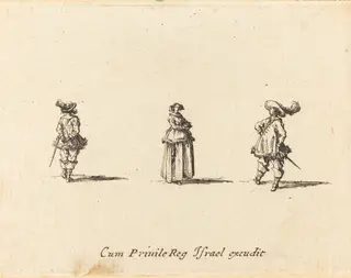 Lady with Arms Folded, and Two Gentlemen, by Jacques Callot, ink, 1634