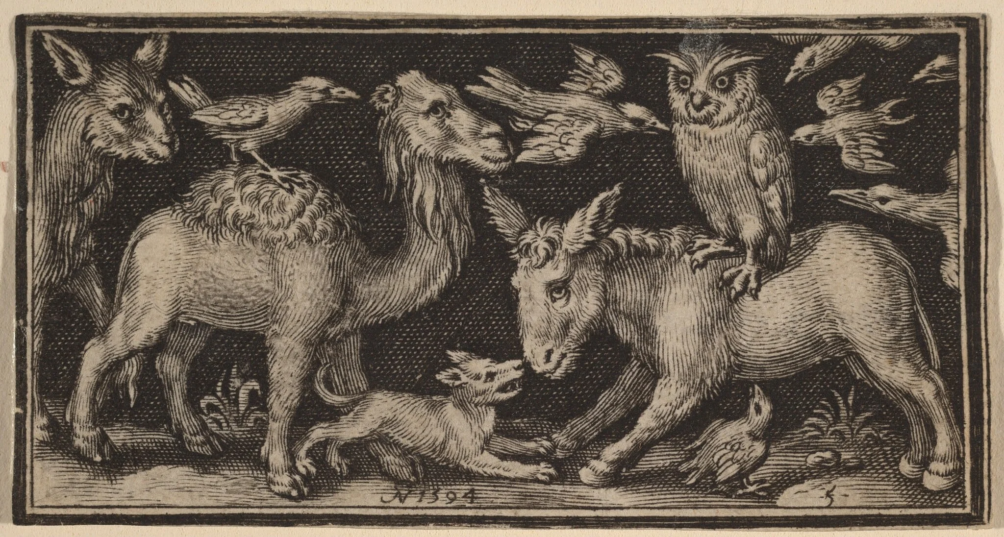 Owl on Back of Donkey, Bird on Back of Camel with Other Animals, detail