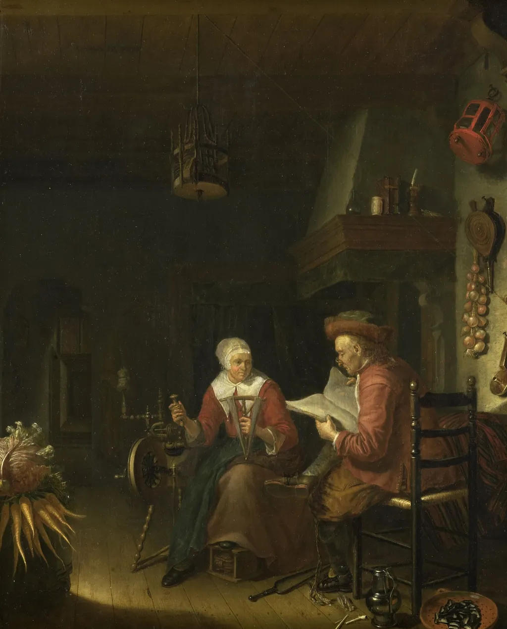Interior with a man reading and a woman spinning yarn, by Domenicus van Tol, oil, 1668