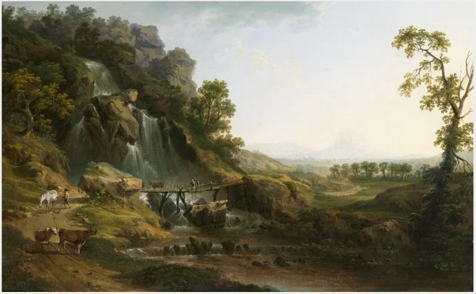 A Landscape with Travellers and Cattle Crossing a Bridge by a Waterfall, detail
