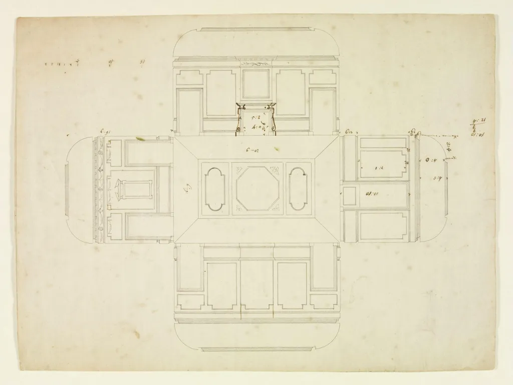 Elevations of the interior walls and a plan of the ceiling, Combe Bank, by Roger Morris, 1728