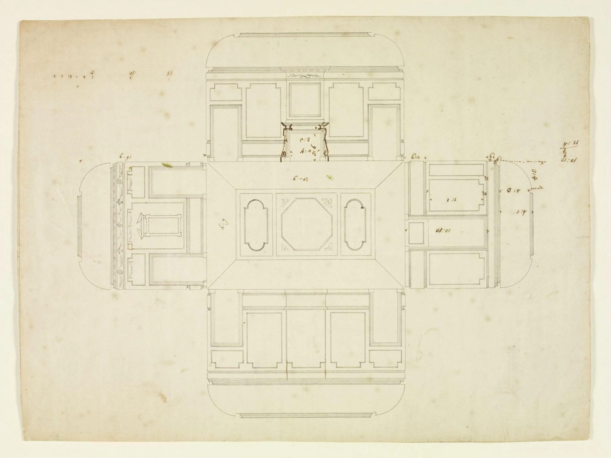 Elevations of the interior walls and a plan of the ceiling, Combe Bank, detail
