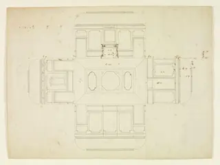 Elevations of the interior walls and a plan of the ceiling, Combe Bank, by Roger Morris, 1728