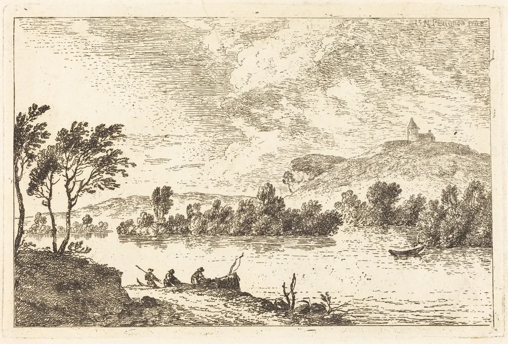 River Landscape with Figures and a Boat at Water's Edge, by Nicolas Pérignon, ink, 1768