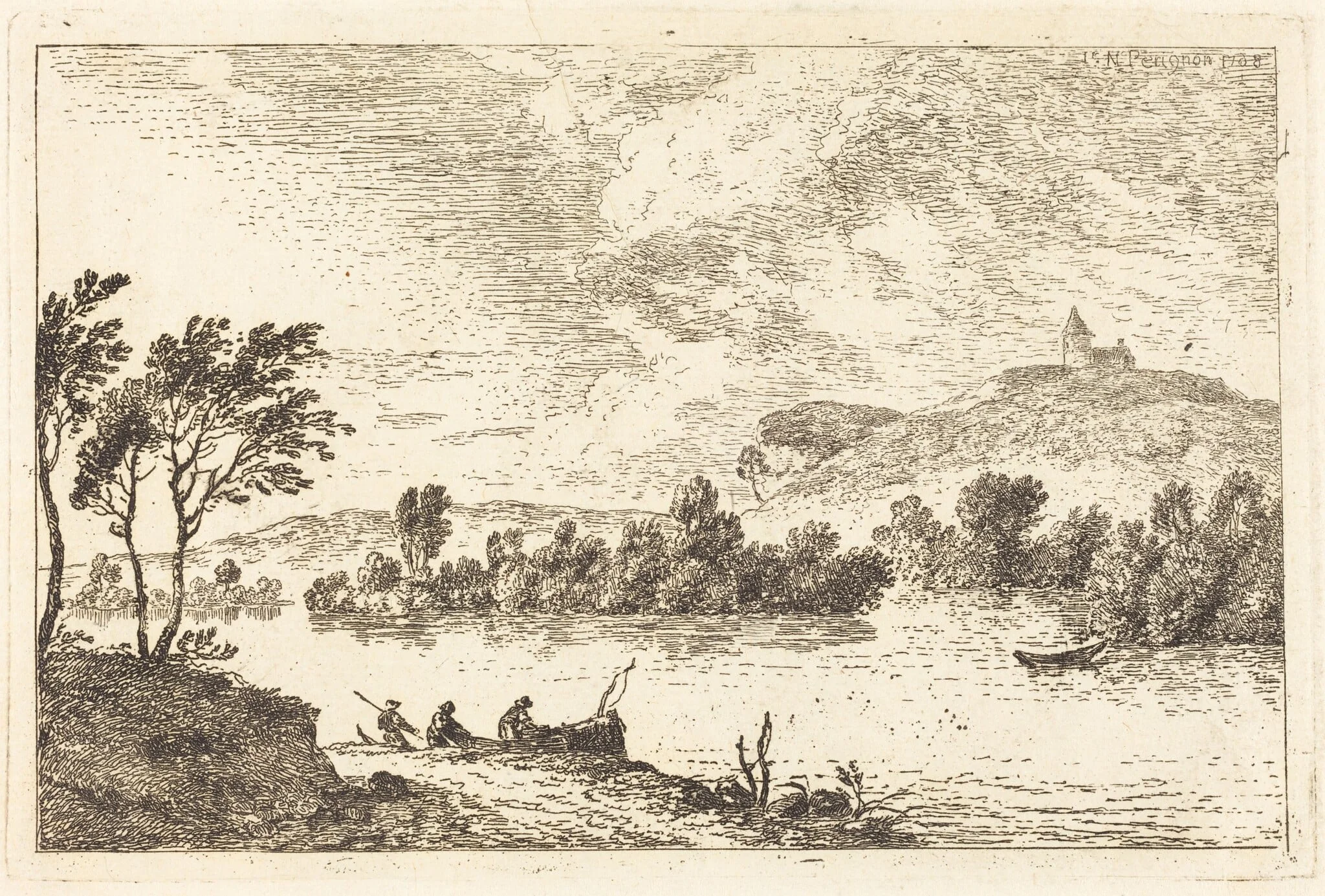 River Landscape with Figures and a Boat at Water's Edge, detail