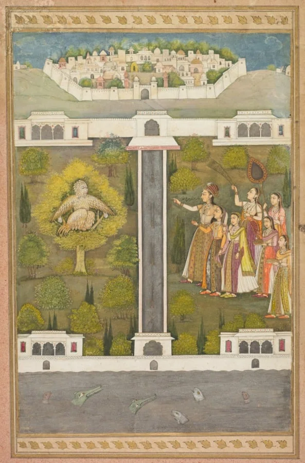 Mahliqa, Daughter of the Emperor of China, Pointing at the Bird-Man Khwaja Mubarak: A Leaf from a Poetical Romance Relating to Shah Alam I (verso); Stenciled Scenes of Lion and Gazelle (verso), detail
