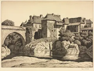 Houses by the Bridge, Orthez, by Ian Strang, 1926