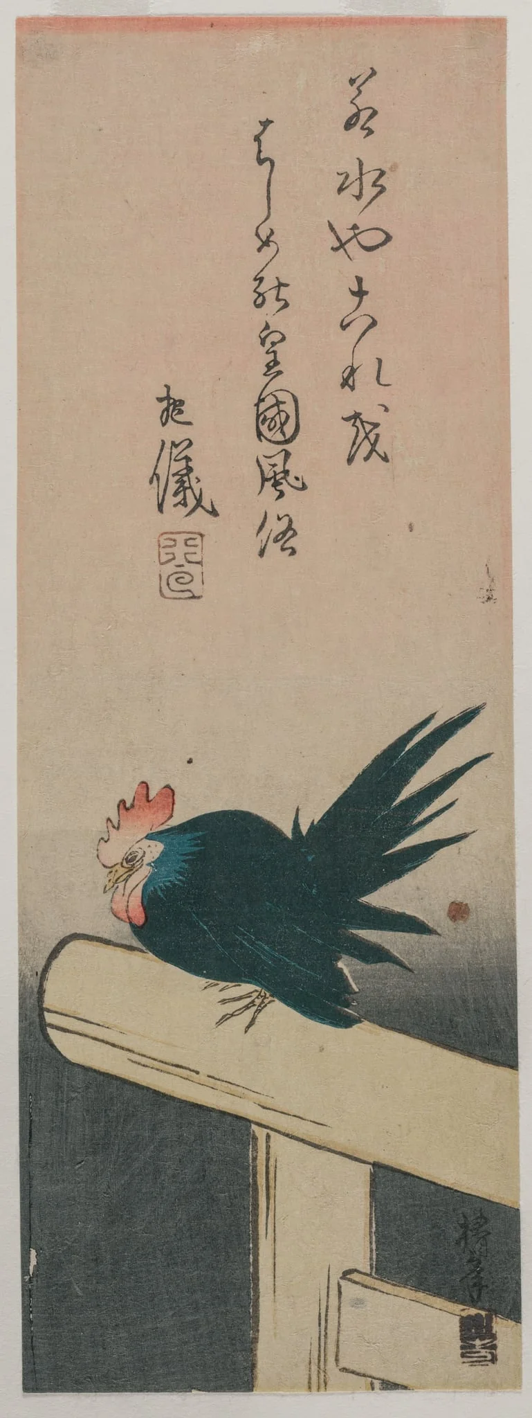 Green Rooster Perched on Torii (Shrine Gate), detail