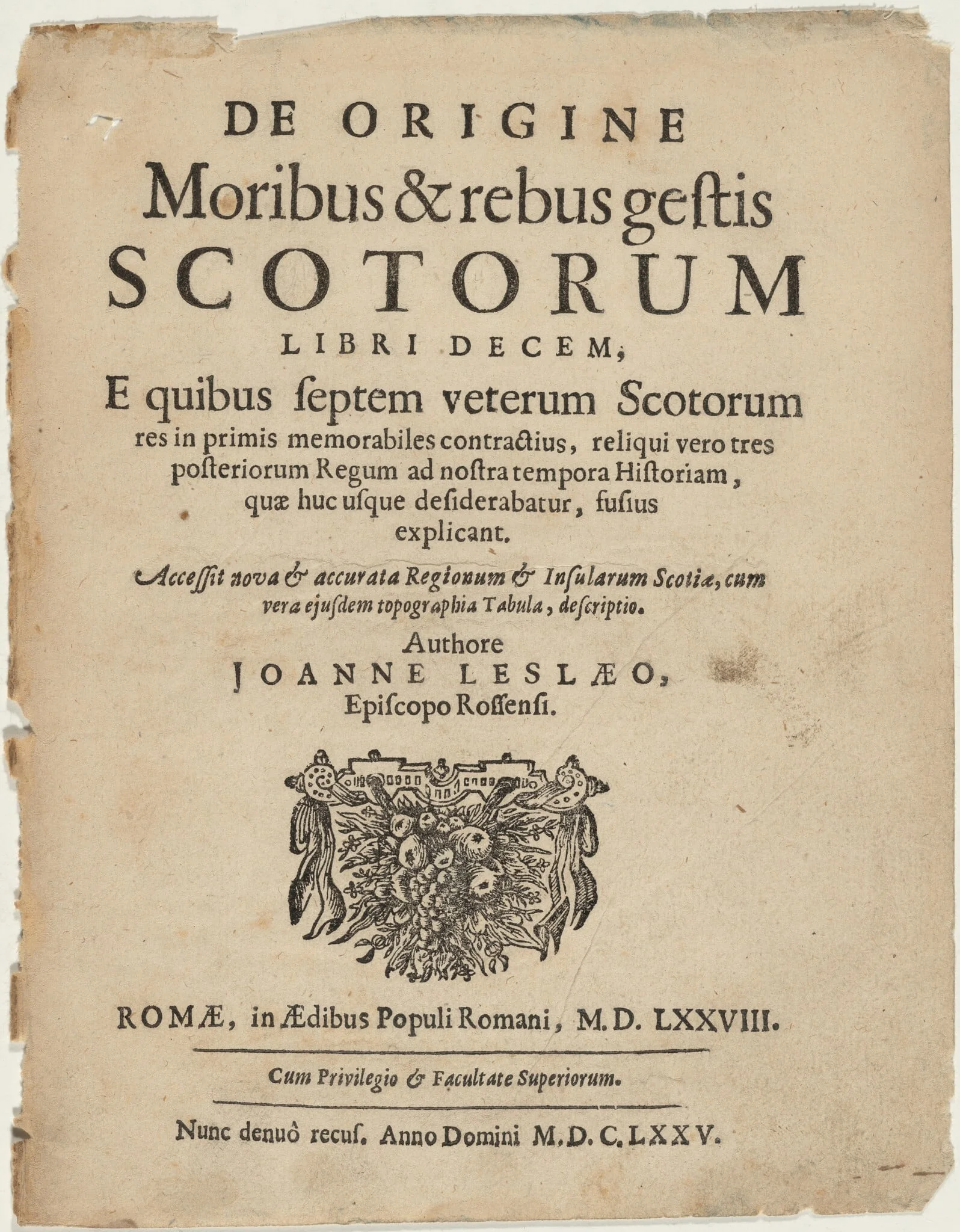 Title Page to De Origine Moribus by Joanne Leslaeo, detail