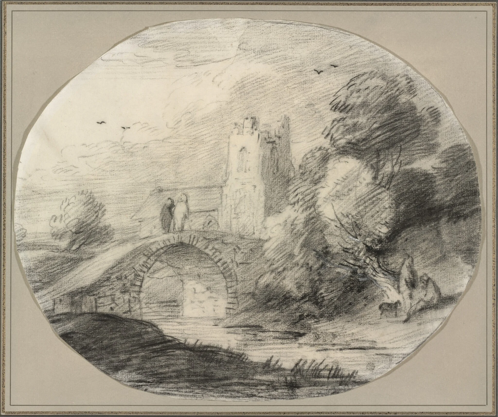 River Landscape with a Bridge and a Church, detail