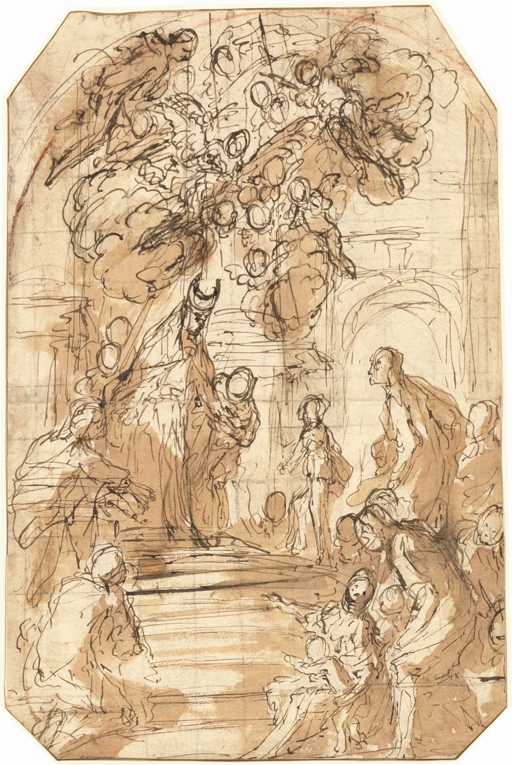 Presentation of the Virgin in the Temple [recto], by Antonio Zanchi, chalk, 1700