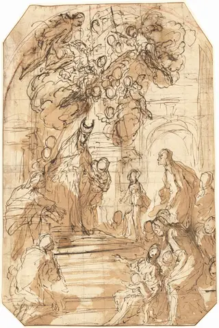 Presentation of the Virgin in the Temple [recto], by Antonio Zanchi, chalk, 1700