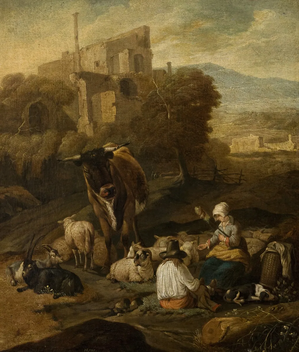Pastoral Scene Against Ruins, by Johann Heinrich Roos, oil, 1668