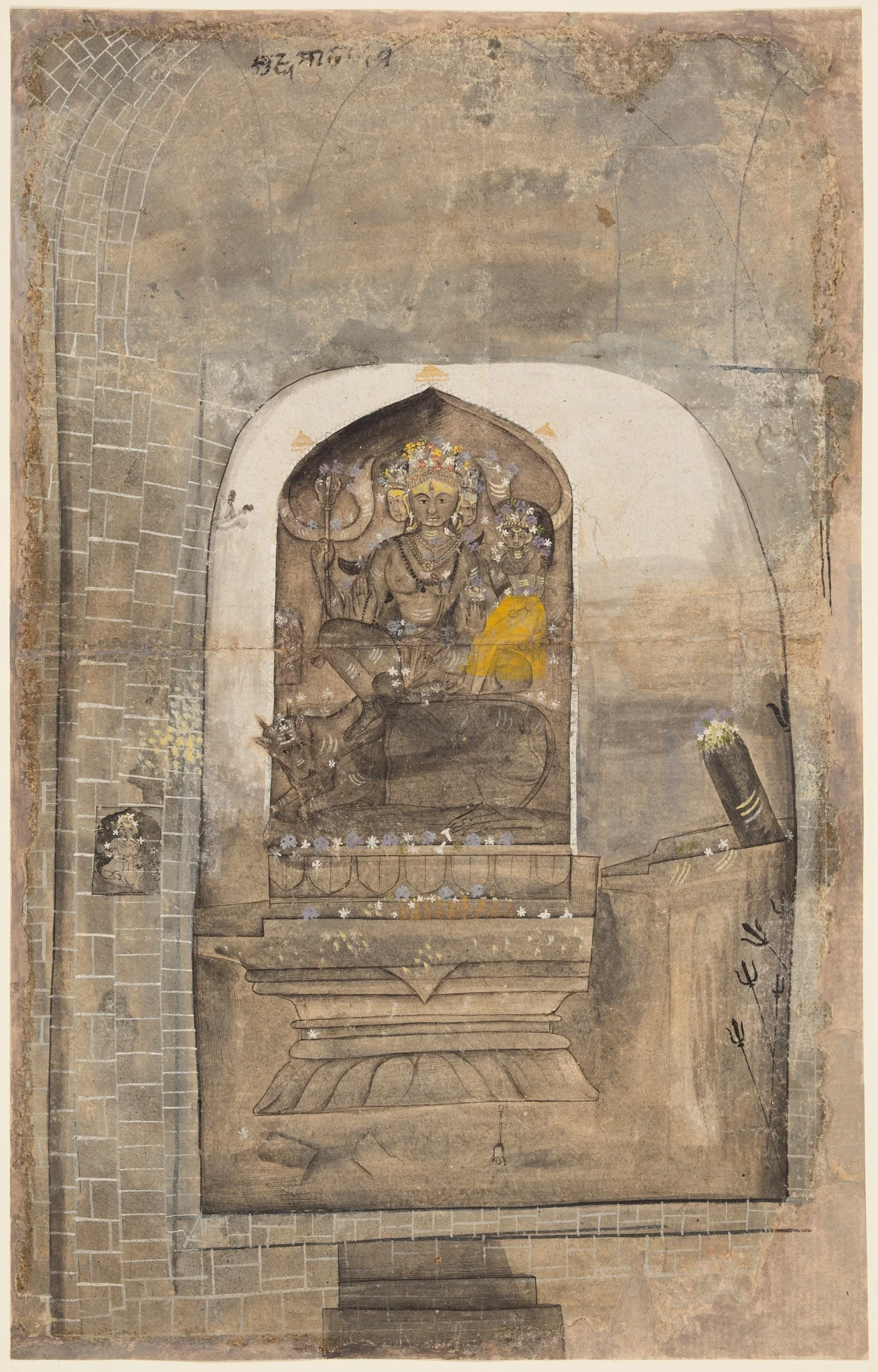 Worship of Stone Image of Shiva and Parvati within a Shrine, detail