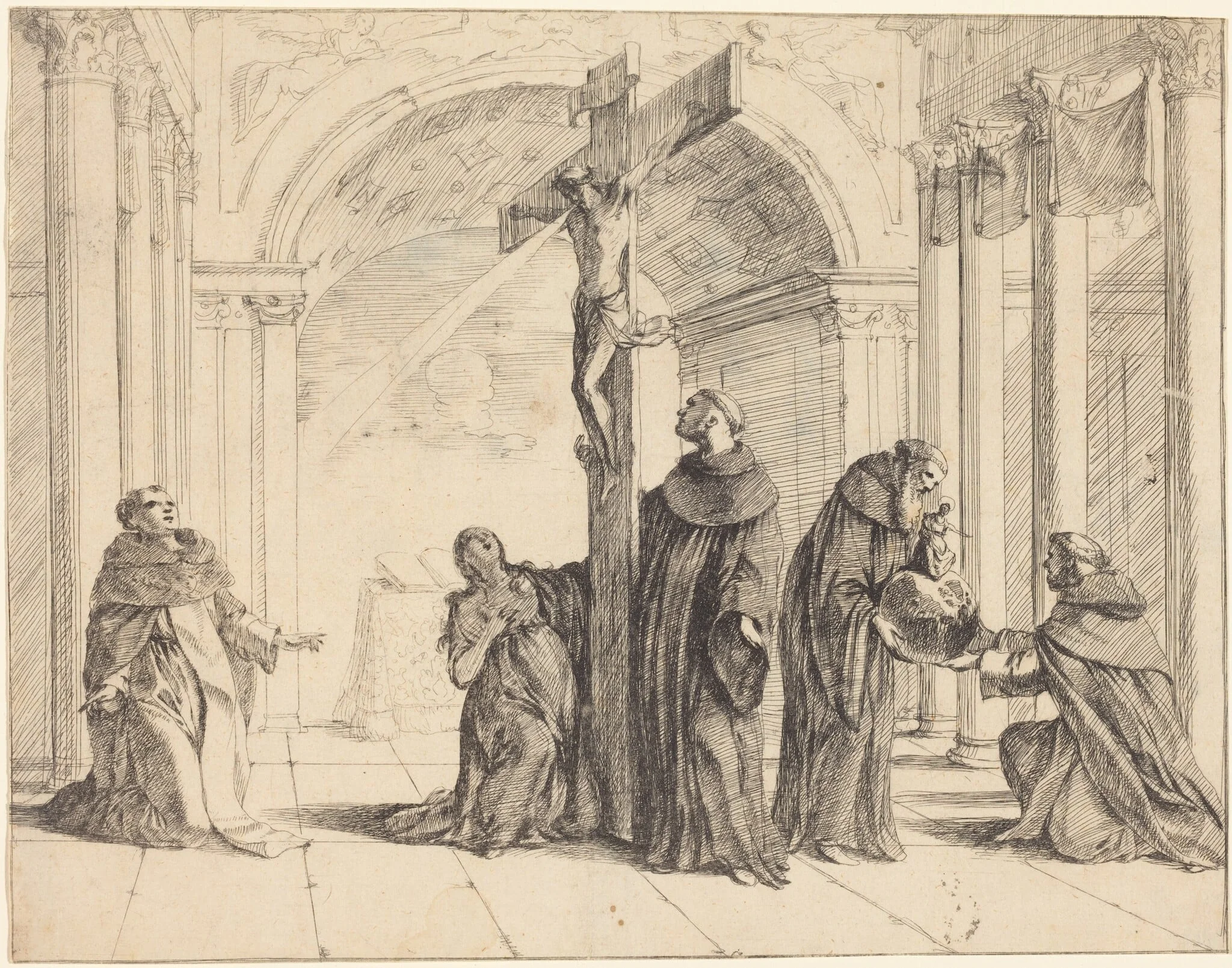 A Crucifix in a Church with Saints Thomas Aquinas, Mary Magdalene, Albertus Magnus, and Others, detail