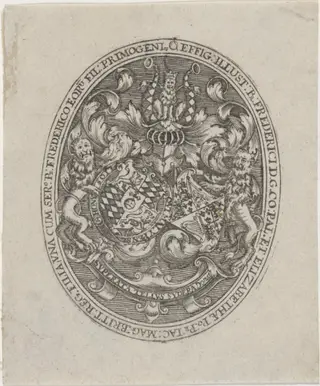 Shields of Frederick V, Elizabeth, and  Prince Frederick Henry, by Simon van de Passe, ink, 1621