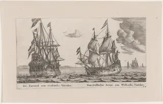 The "Parel" (Pearl), an East Indiaman and the "Dubbele Arent" (Spread Eagle), a West Indiaman, by Nooms, called Zeeman, Reinier, ink, 1653