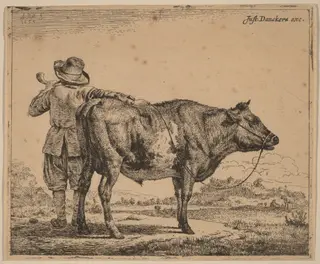 Young Herdsman with a Bull, by Adriaen van de Velde, ink, 1659