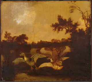 A buzzard attacking two ducks, by Dirck Wijntrack, oil, 1650