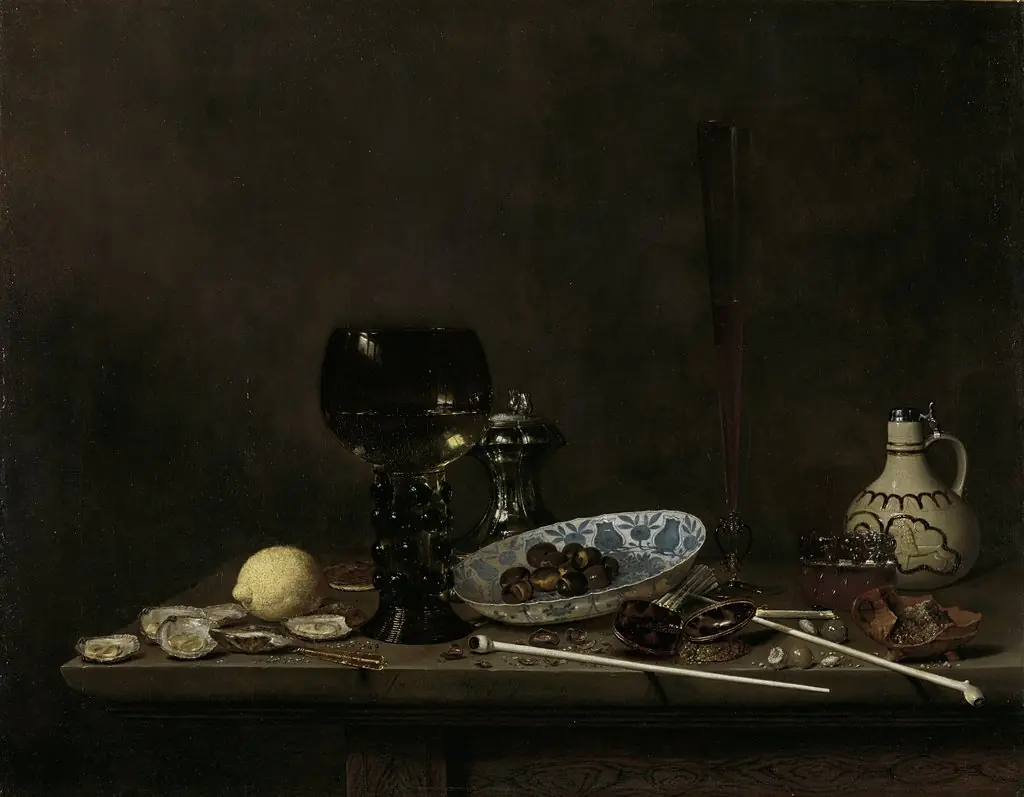 Still life with wineglass, flute, glass, earthenware jug and pipes, by Jan Jansz van de Velde, oil, 1651