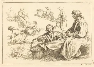 Figure Studies including Two Seated Peasants, by François Boucher, ink, 1735