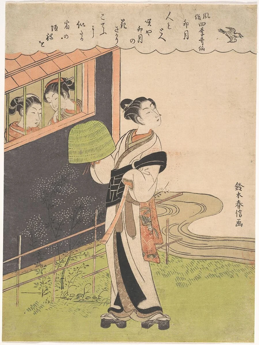 鈴木春信画 虚無僧・「風俗四季歌仙 卯月」|A Flute-Playing Monk (Komusō); The Fourth Month (Uzuki), from the series Fashionable Poetic Immortals of the Four Seasons (Fūzoku shiki kasen), detail
