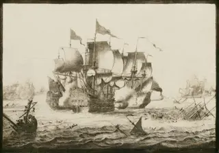 Naval Engagement, by Adriaen van der Salm, oil, 1692