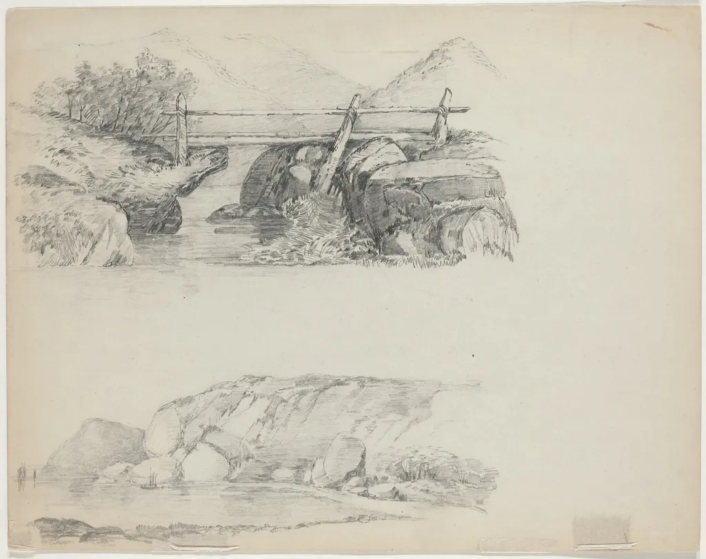 Bridge over Rocky Stream [top verso], by John William Casilear, graphite, 1852