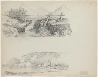 Bridge over Rocky Stream [top verso], by John William Casilear, graphite, 1852
