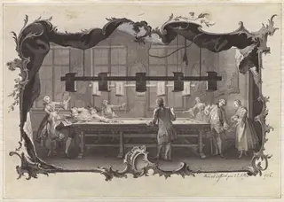 Ladies and Gentlemen Playing Billiards, by Johann Esaias Nilson, ink, 1756