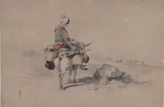 Peasant woman riding an ox, by George Stubbs, watercolor