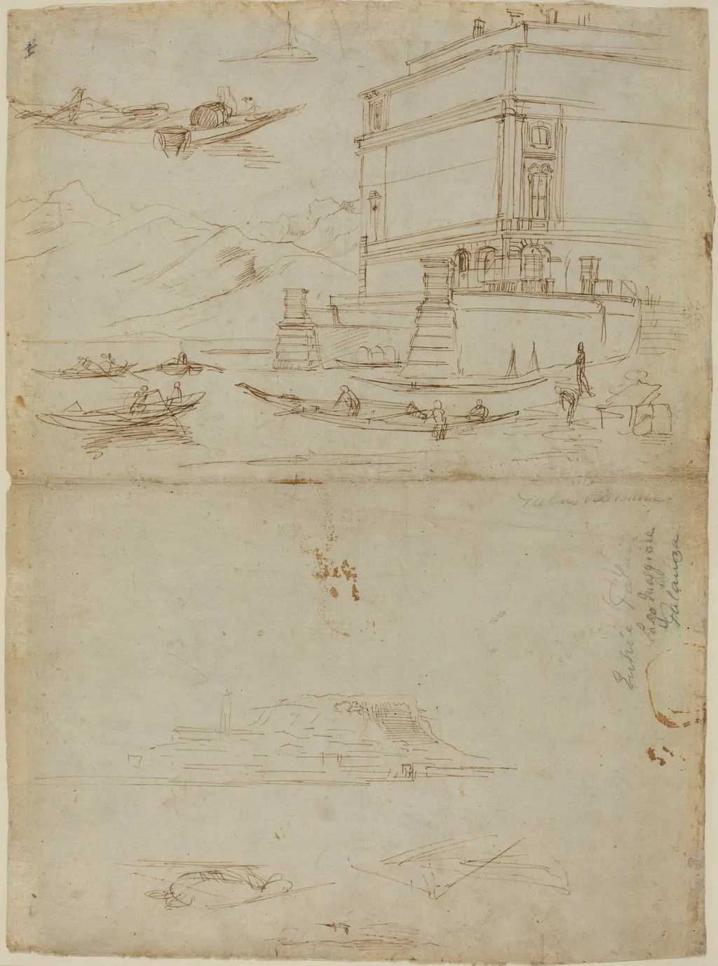 Studies of Lago Maggiore and and the Entrance to a Palazzo, by Gaspar van Wittel, ink, 1700