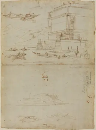 Studies of Lago Maggiore and and the Entrance to a Palazzo, by Gaspar van Wittel, ink, 1700