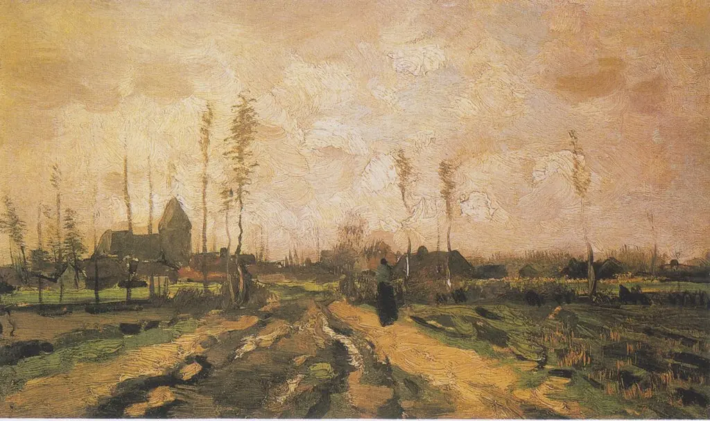 Landscape with Church and Houses, by Vincent van Gogh, oil, 1885