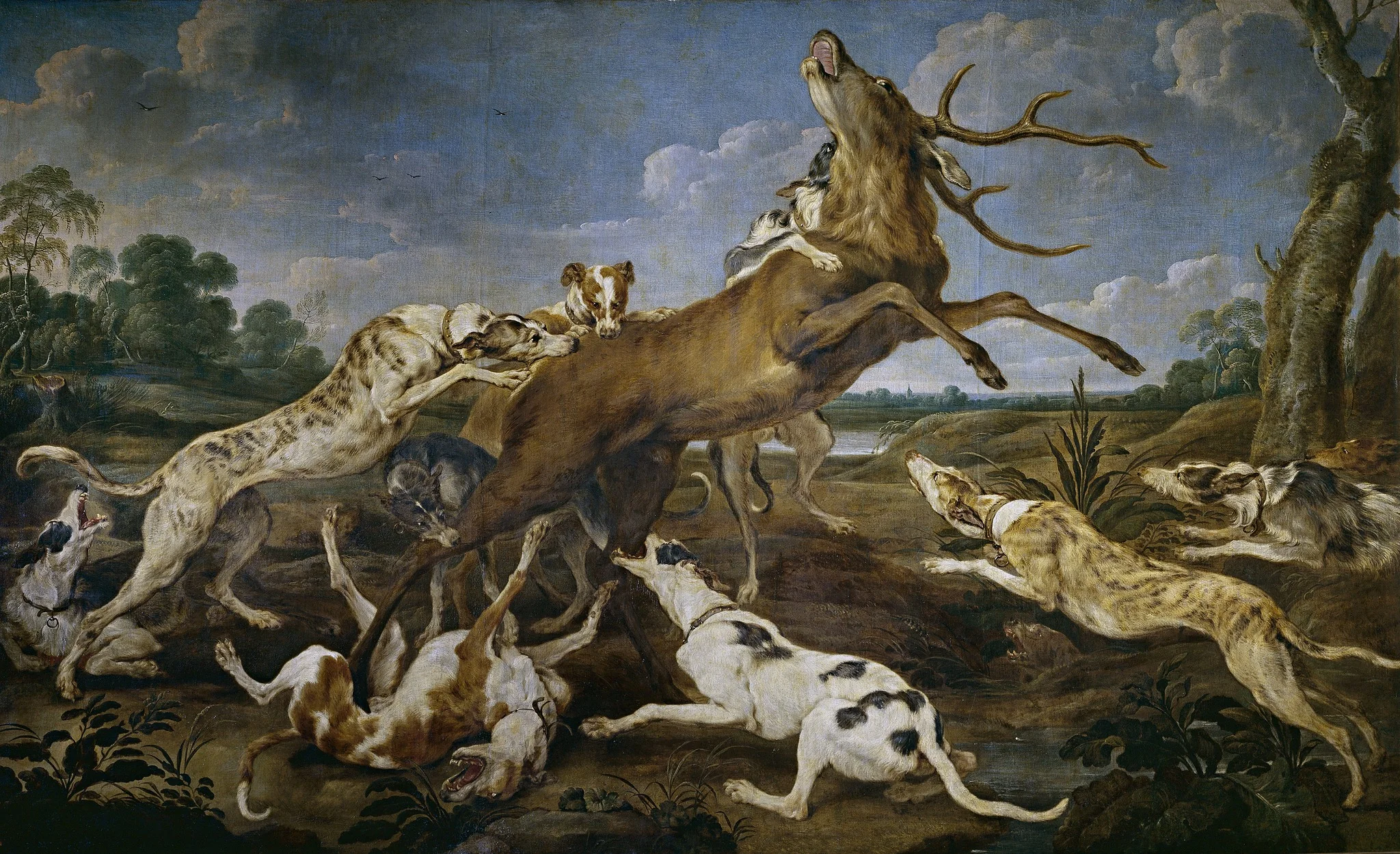 Ciervo acosado por una jauría de perros, detail