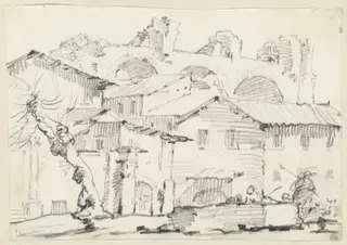 Houses on the North Side of the Forum with the Basilica of Maxentius Beyond, by Joseph-Marie Vien, chalk, 1748