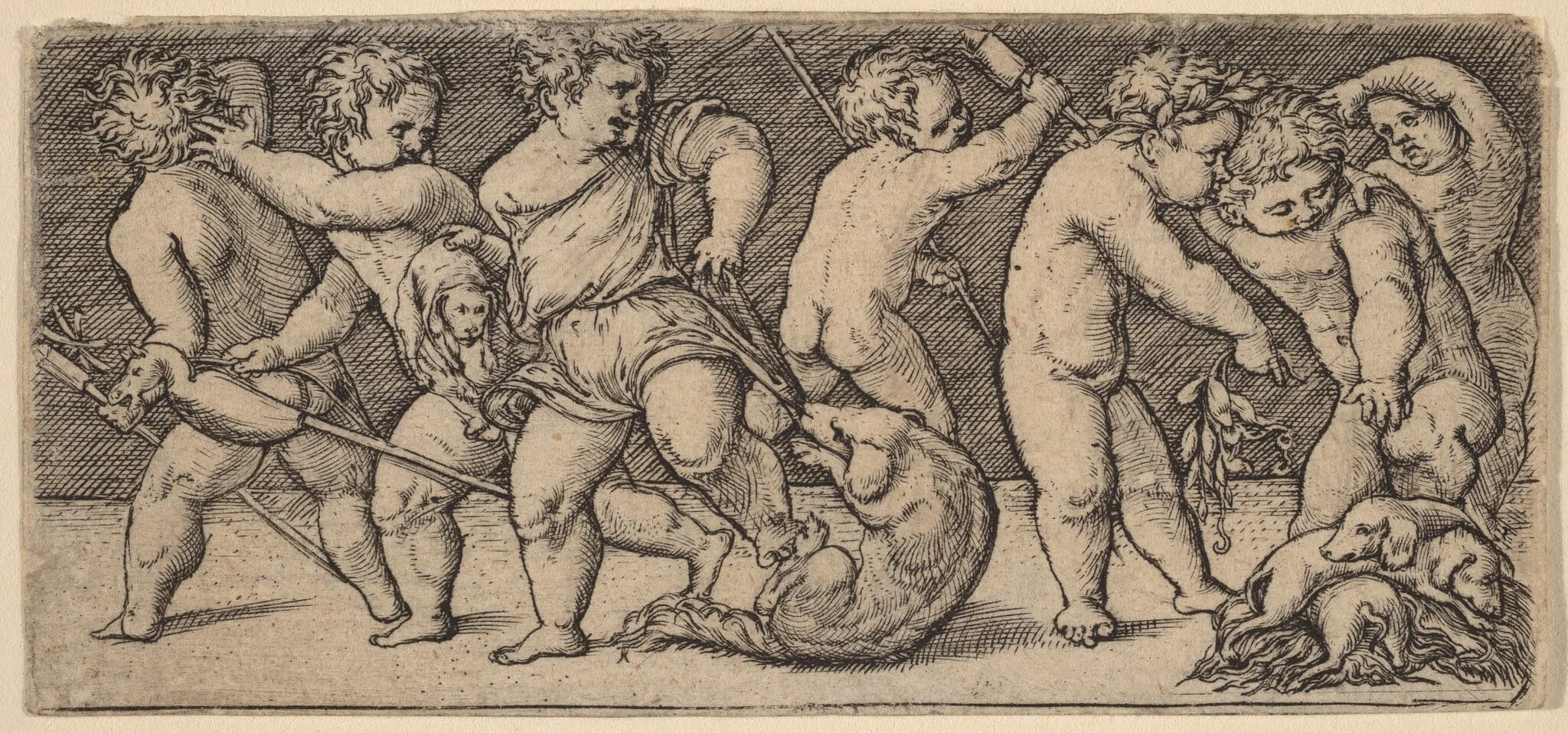 Children Playing with a Bitch and Three Young Dogs, detail