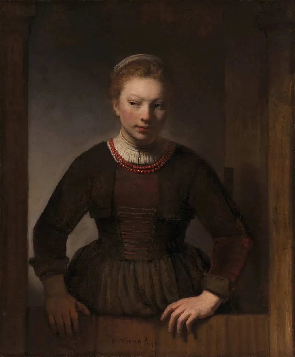 Young Woman at an Open Half-Door, by Samuel van Hoogstraten, oil, 1645
