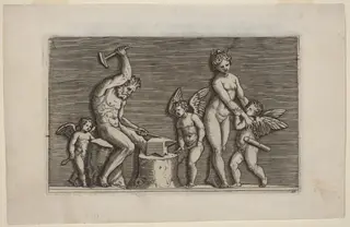 Vulcan at the Forge, by Marco Dente, ink, 1510