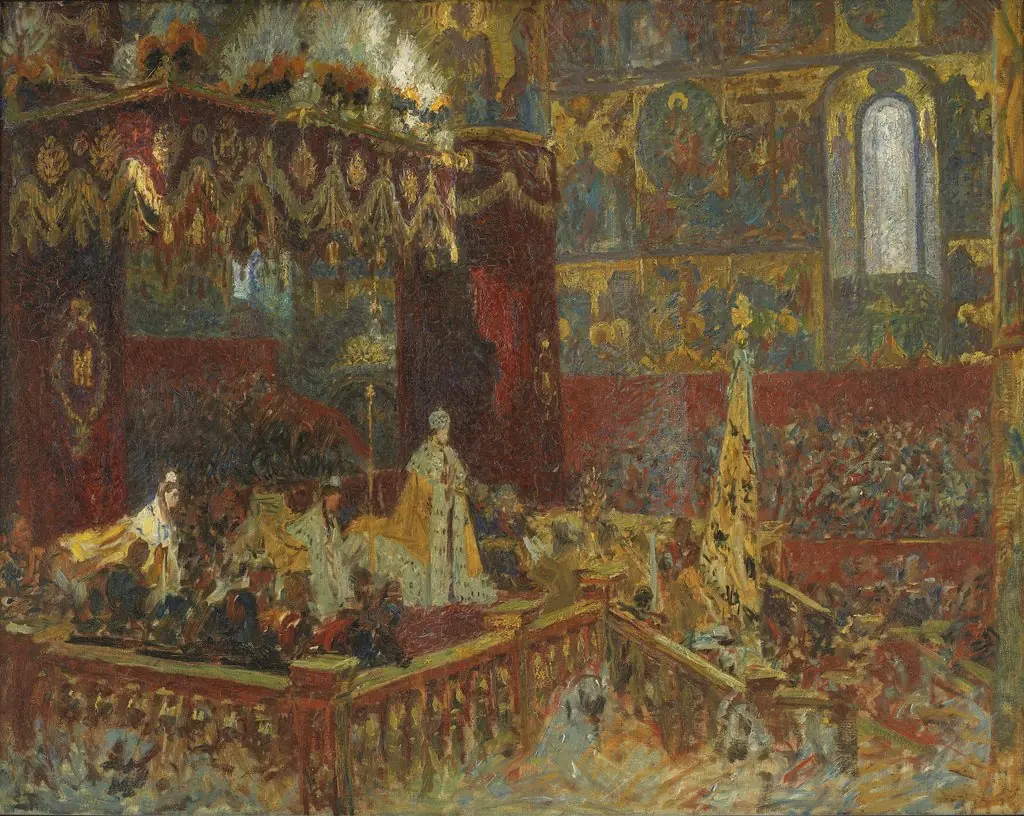 The Coronation Ceremony of Tsar Nicolai II in Moscow. Sketch, by Laurits Tuxen, oil, 1898